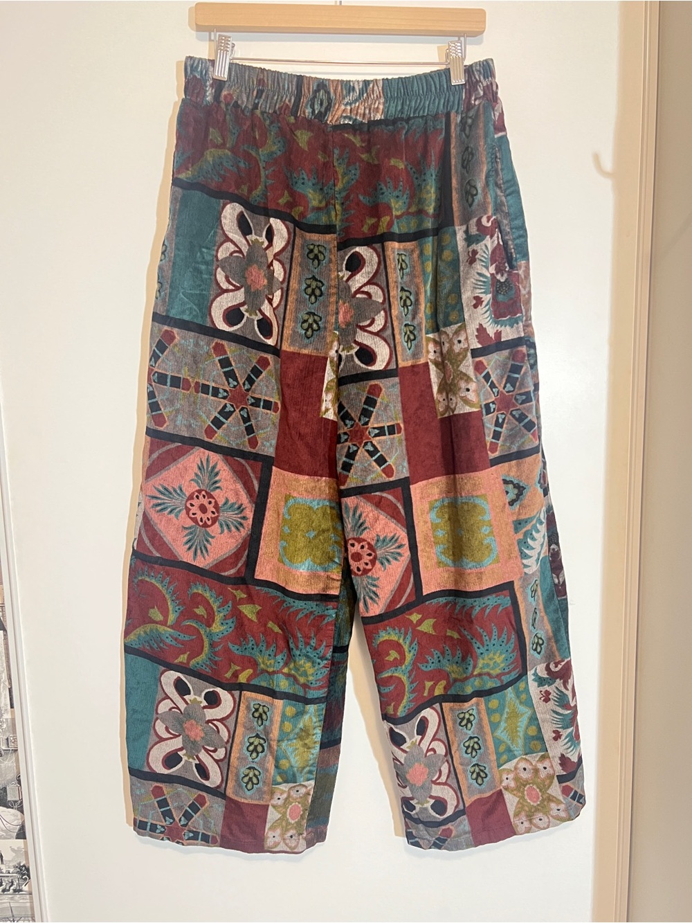 INDALA Handmade Clothing Boho Patchwork Print Wide Leg Corduroy Pants